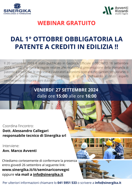 WEBINAR GRATUITO: DAL 1° OTTOBRE OBBLIGATORIA LA PATENTE A CREDITI IN EDILIZIA !!